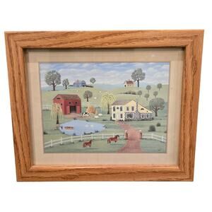 Vintage Folk Art Framed Farm Americana Norma Harrington Print Oak Frame